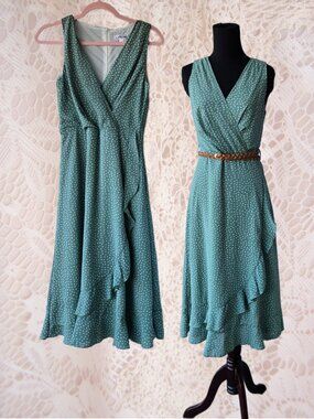 Sage Green and White Square Pindot / Polkadot Style Crossover Bodice-Ruffle Hem